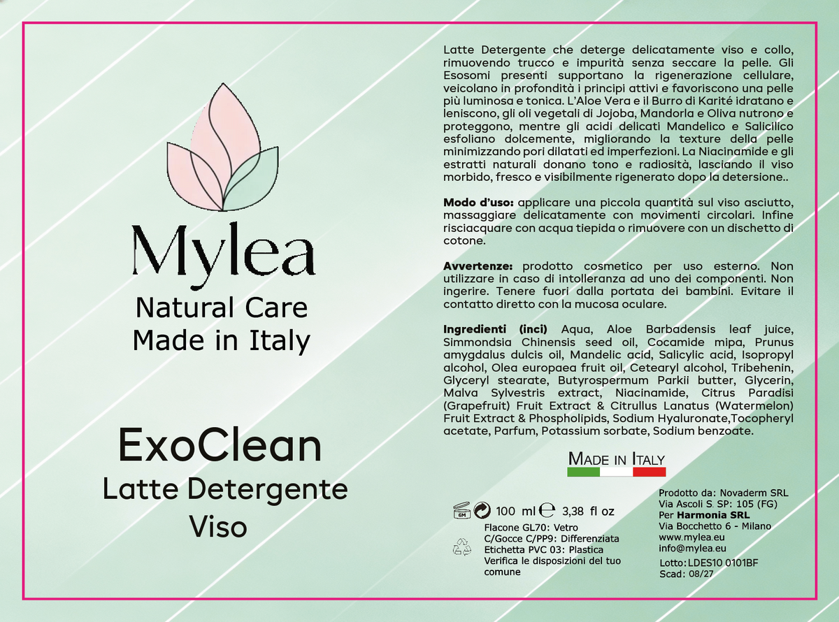 Etichetta del latte detergente viso Mylea ExoClean con informazioni su ingredienti, benefici e istruzioni d'uso.