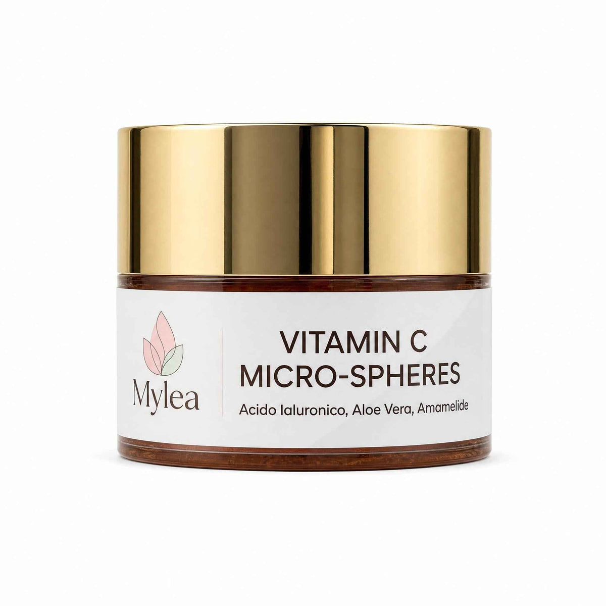 Vasetto di siero viso Mylea Vitamin C Micro-Spheres con tappo dorato e formula illuminante in gel