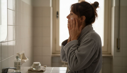 Una donna si dedica alla sua routine mattutina di bellezza, applicando prodotti antietà per prendersi cura della pelle e mantenere un aspetto giovane e luminoso.