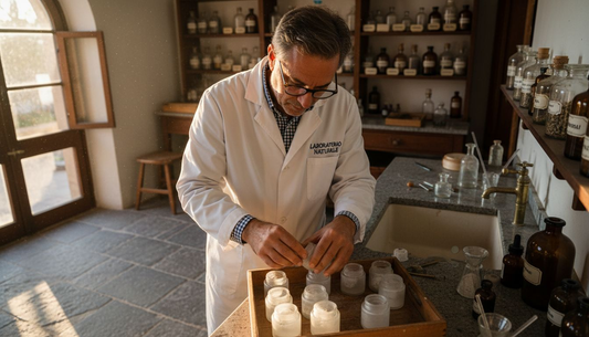 Un artigiano controlla con cura la qualità dei prodotti cosmetici italiani.