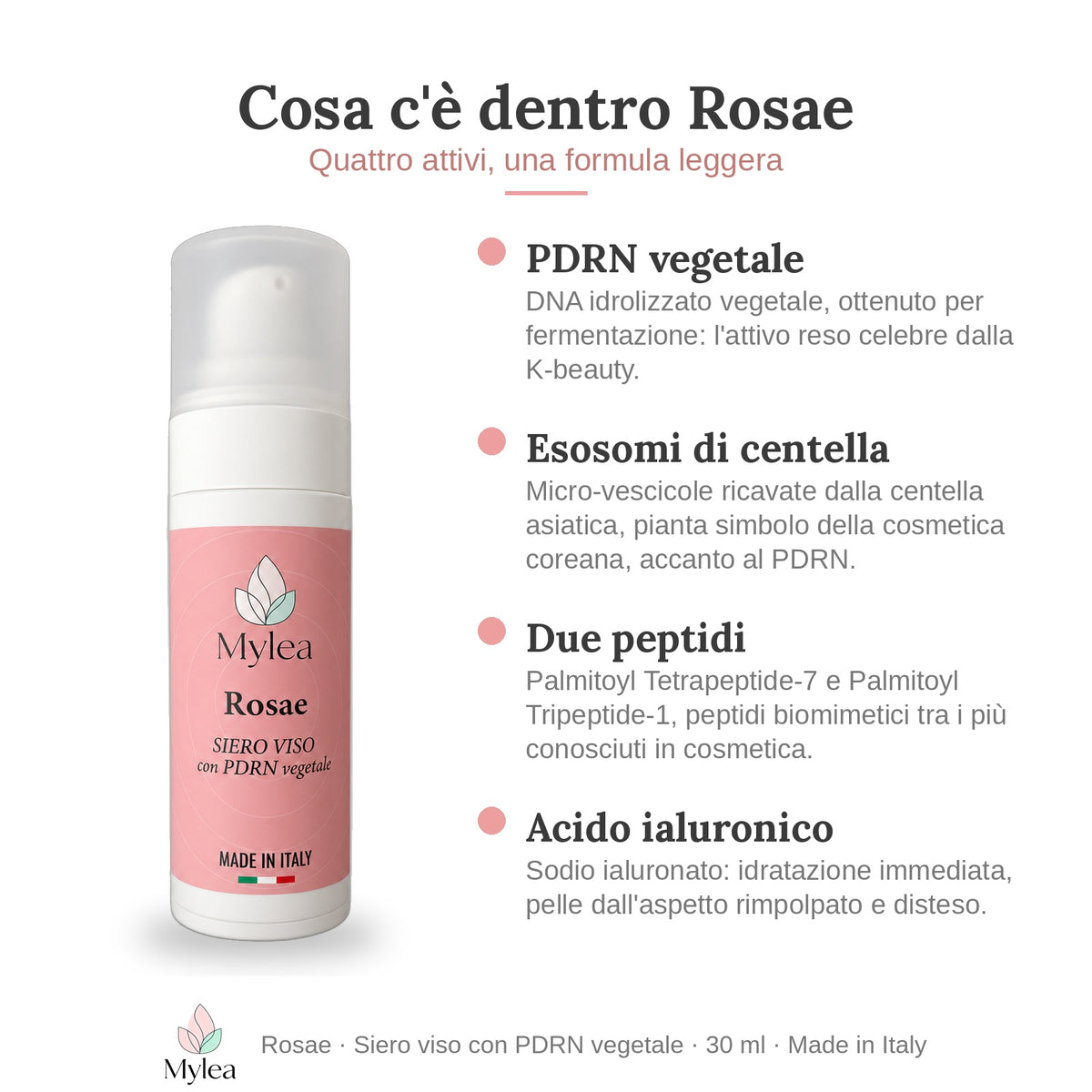 Cosa c'è dentro Rosae: PDRN vegetale, esosomi di centella, due peptidi, acido ialuronico