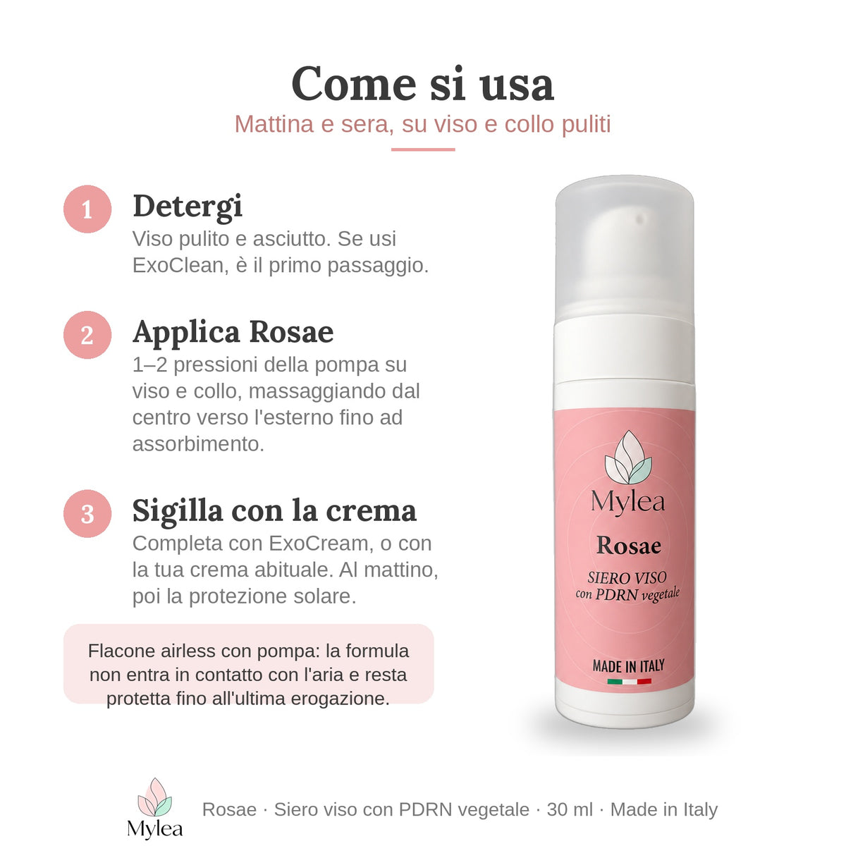 Come si usa Rosae: detergi, 1-2 pressioni della pompa, poi la crema