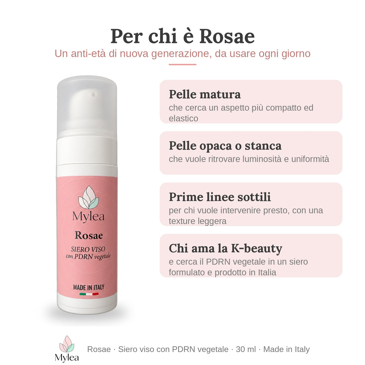 Per chi è Rosae: pelle matura, opaca, prime linee sottili, chi ama la K-beauty