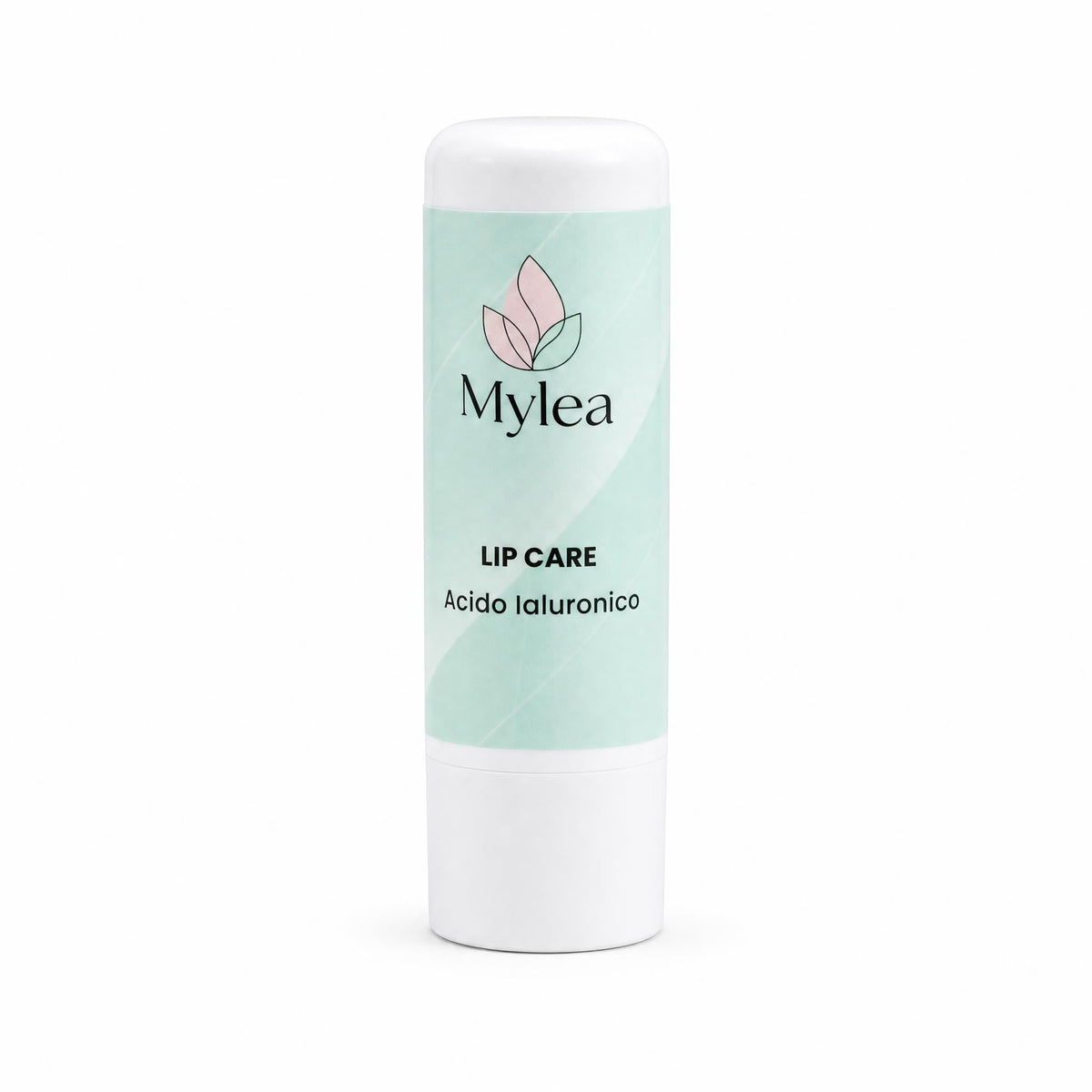 Balsamo labbra Mylea Lip Care idratante con acido ialuronico in stick bianco con etichetta verde pastello