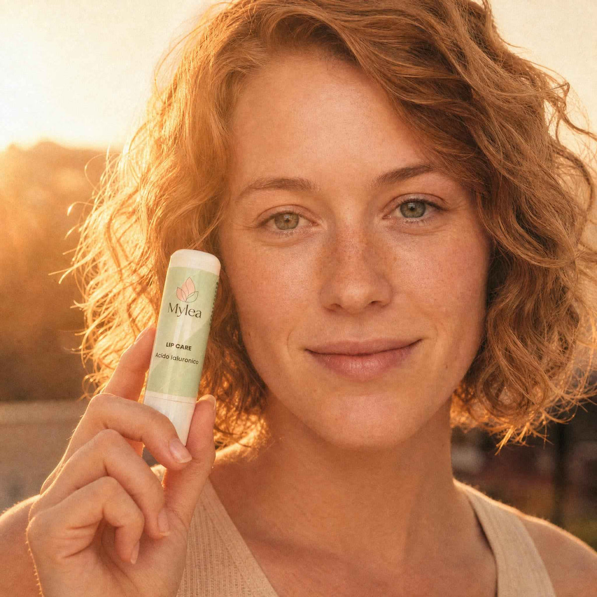 Donna sorridente tiene in mano il balsamo labbra Mylea Lip Care all'acido ialuronico in un contesto naturale al tramonto
