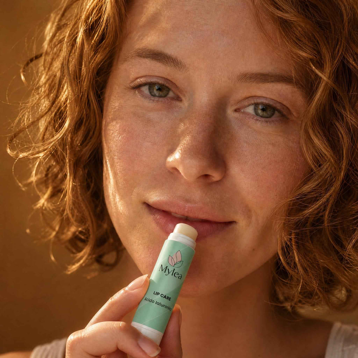 Donna con capelli ricci applica il balsamo labbra idratante Mylea Lip Care con acido ialuronico e burri vegetali