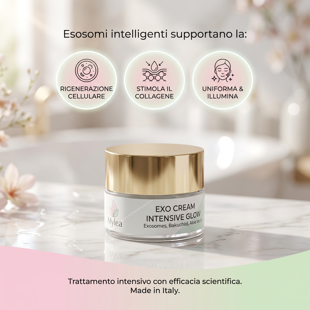 Crema viso antirughe Mylea ExoCream con esosomi e bakuchiol in vasetto di vetro con tappo dorato su base in marmo.