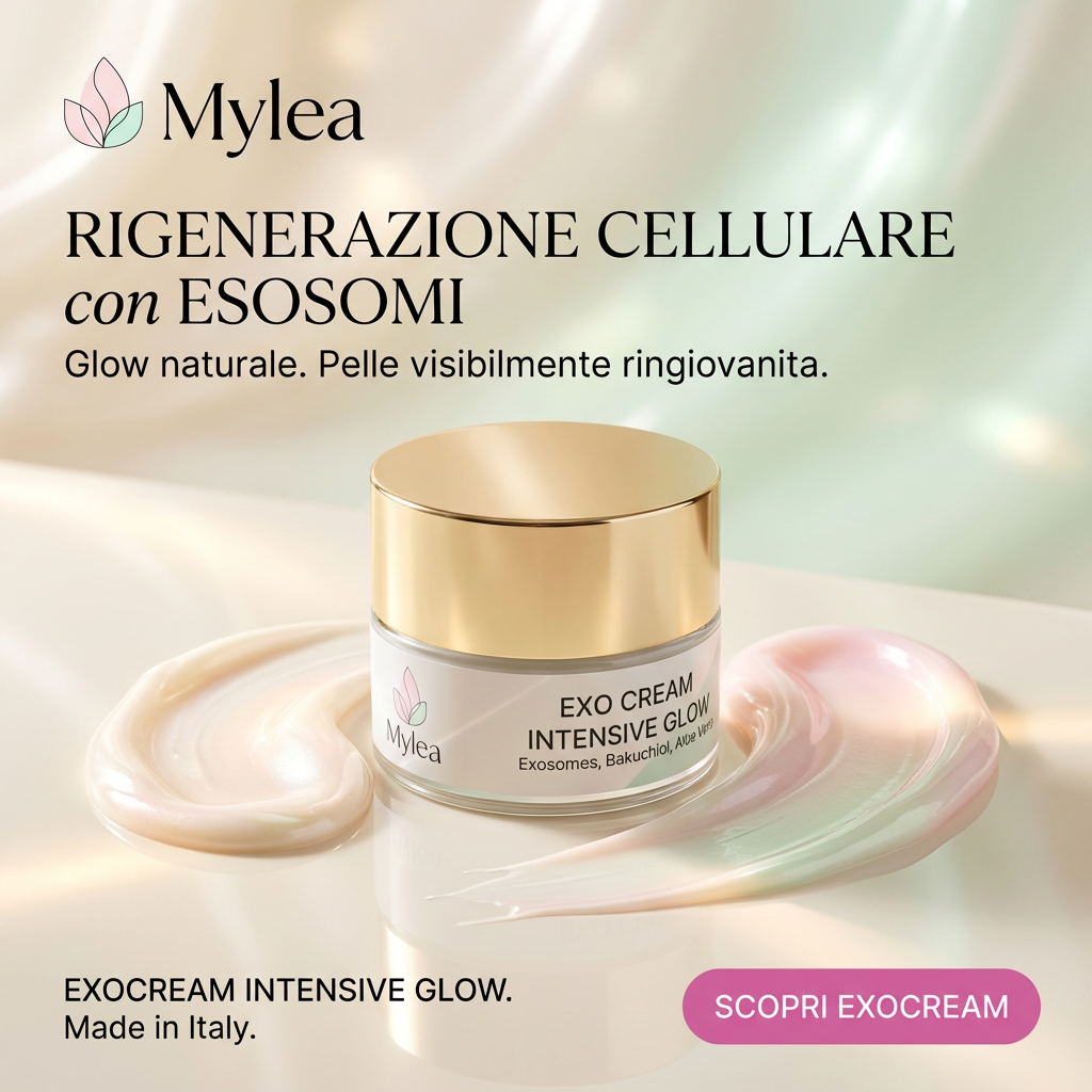 Crema viso antirughe Mylea ExoCream con esosomi e bakuchiol in vasetto elegante su sfondo luminoso e iridescente