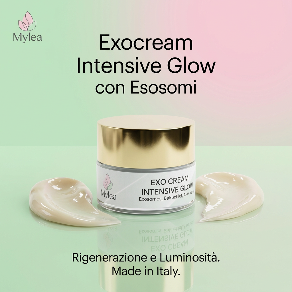 Crema viso antirughe Mylea ExoCream con esosomi e bakuchiol in vasetto elegante con tappo dorato su base verde