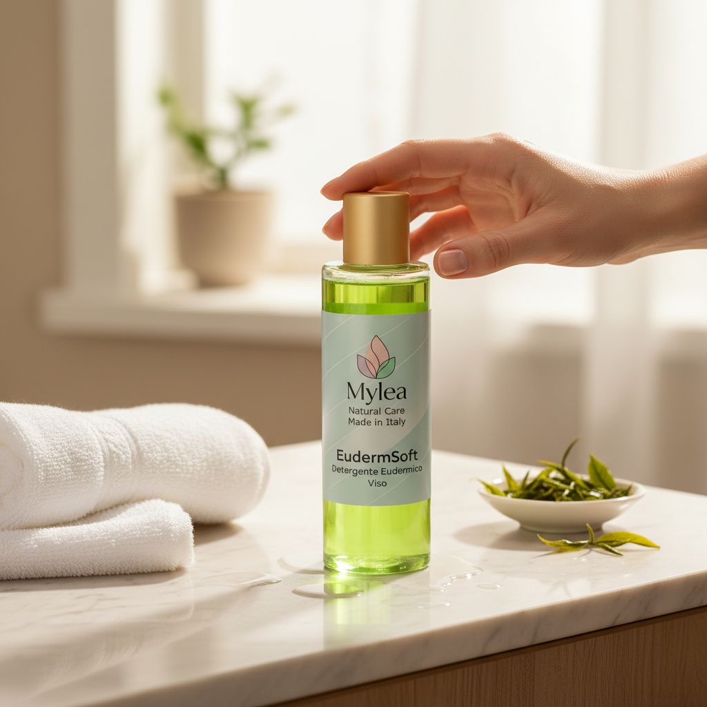Detergente viso Mylea EudermSoft in flacone trasparente con liquido verde, ideale per pelli sensibili e delicate.