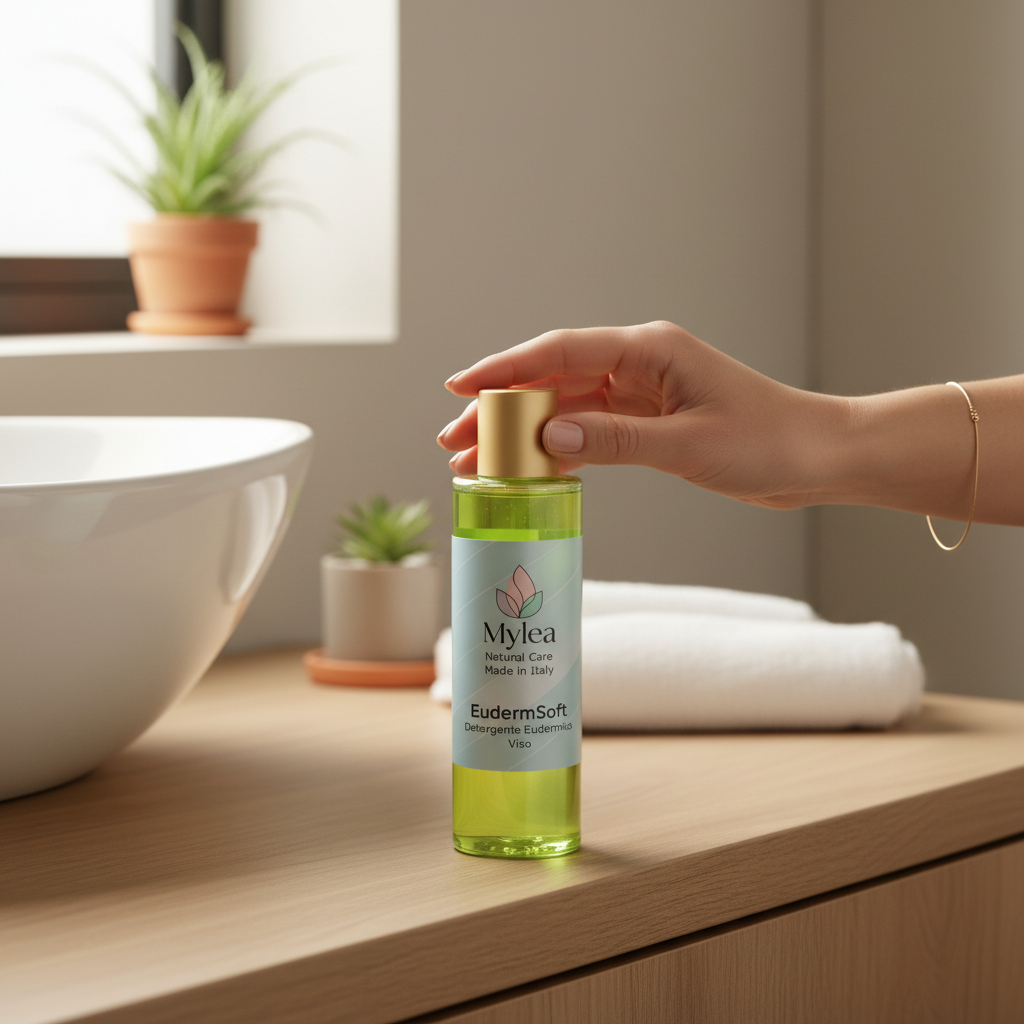 Mano che tiene il detergente viso delicato EudermSoft di Mylea in flacone trasparente su un piano bagno in legno