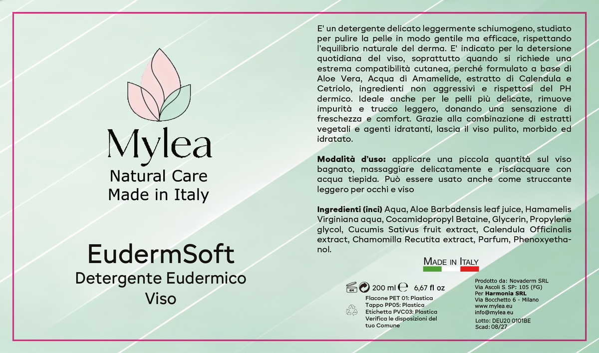 Detergente viso delicato Mylea EudermSoft con aloe vera e camomilla per pelli sensibili in flacone da 200 ml