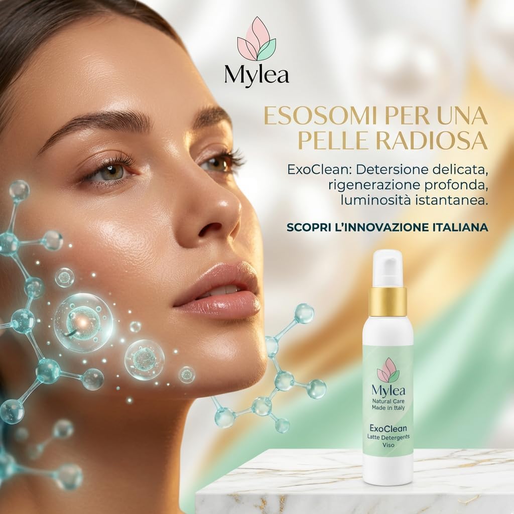 Latte detergente viso Mylea ExoClean con esosomi e attivi leviganti su una modella con pelle luminosa e radiosa