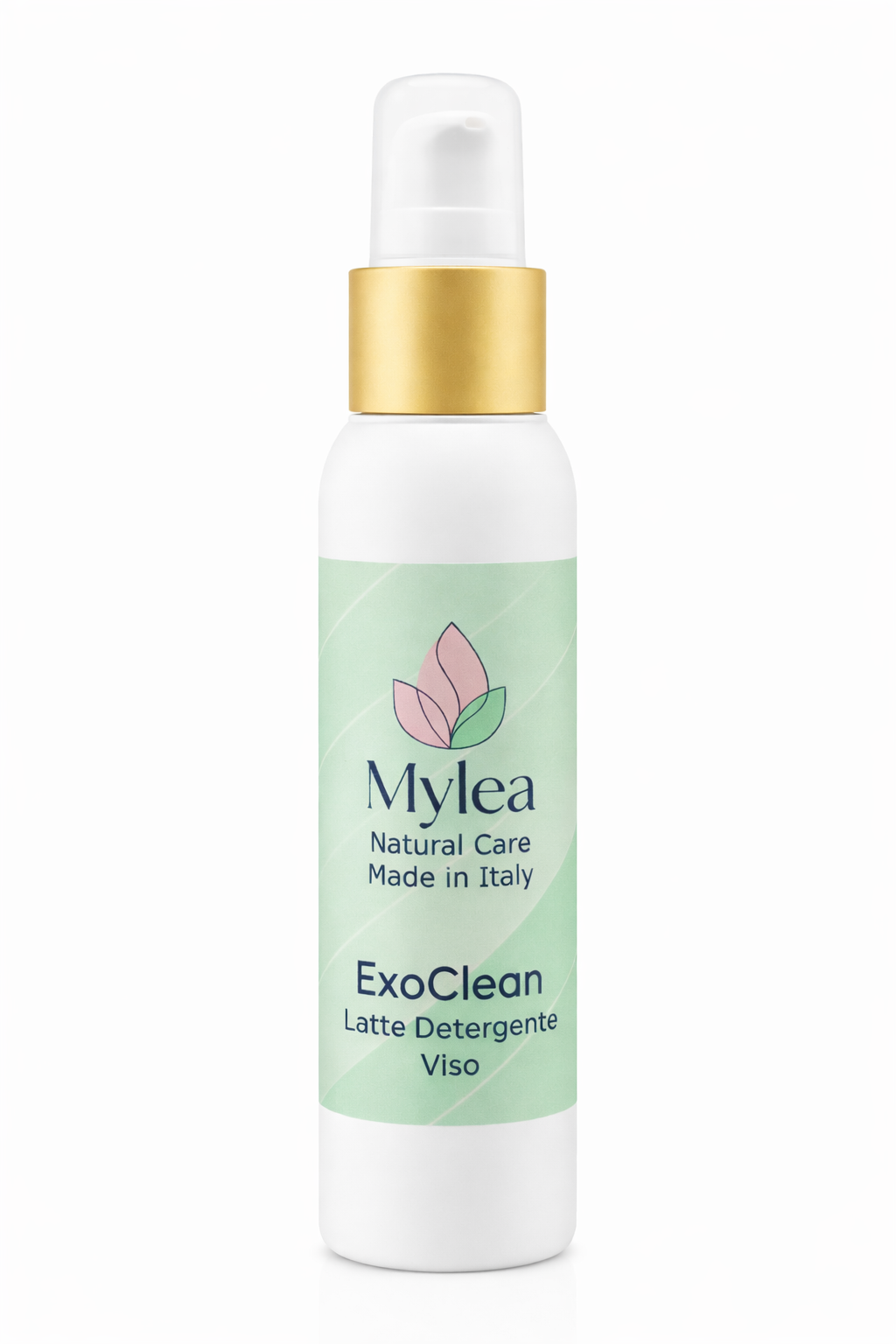 Flacone Mylea ExoClean, latte detergente viso con esosomi e acidi esfolianti, in confezione bianca con erogatore oro.