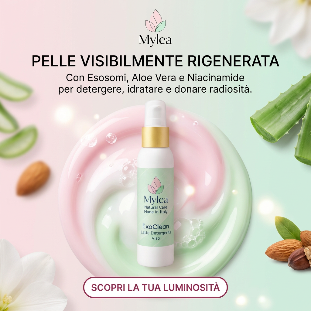 Latte detergente viso Mylea ExoClean con esosomi, aloe e mandorla su sfondo cremoso con ingredienti naturali.