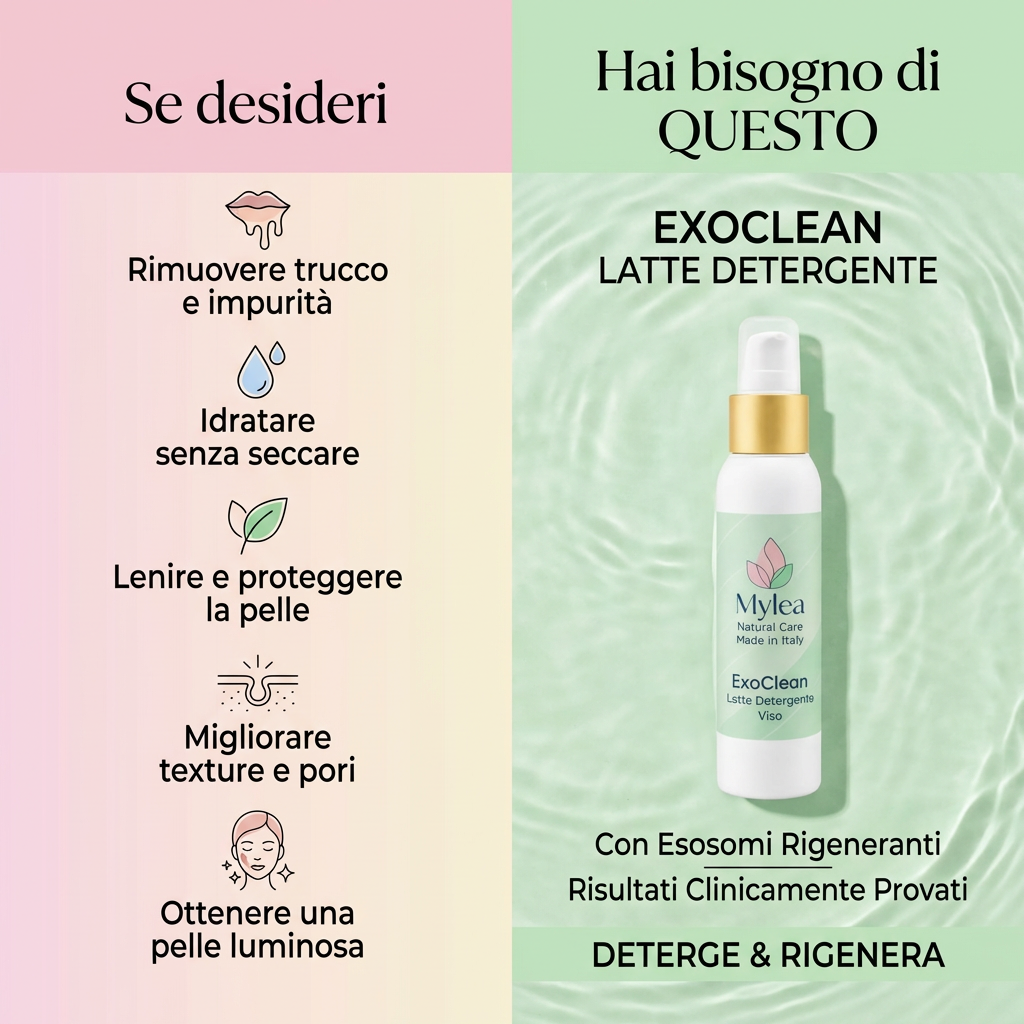 Mylea ExoClean latte detergente viso con esosomi in flacone bianco su sfondo acquatico per una pelle luminosa