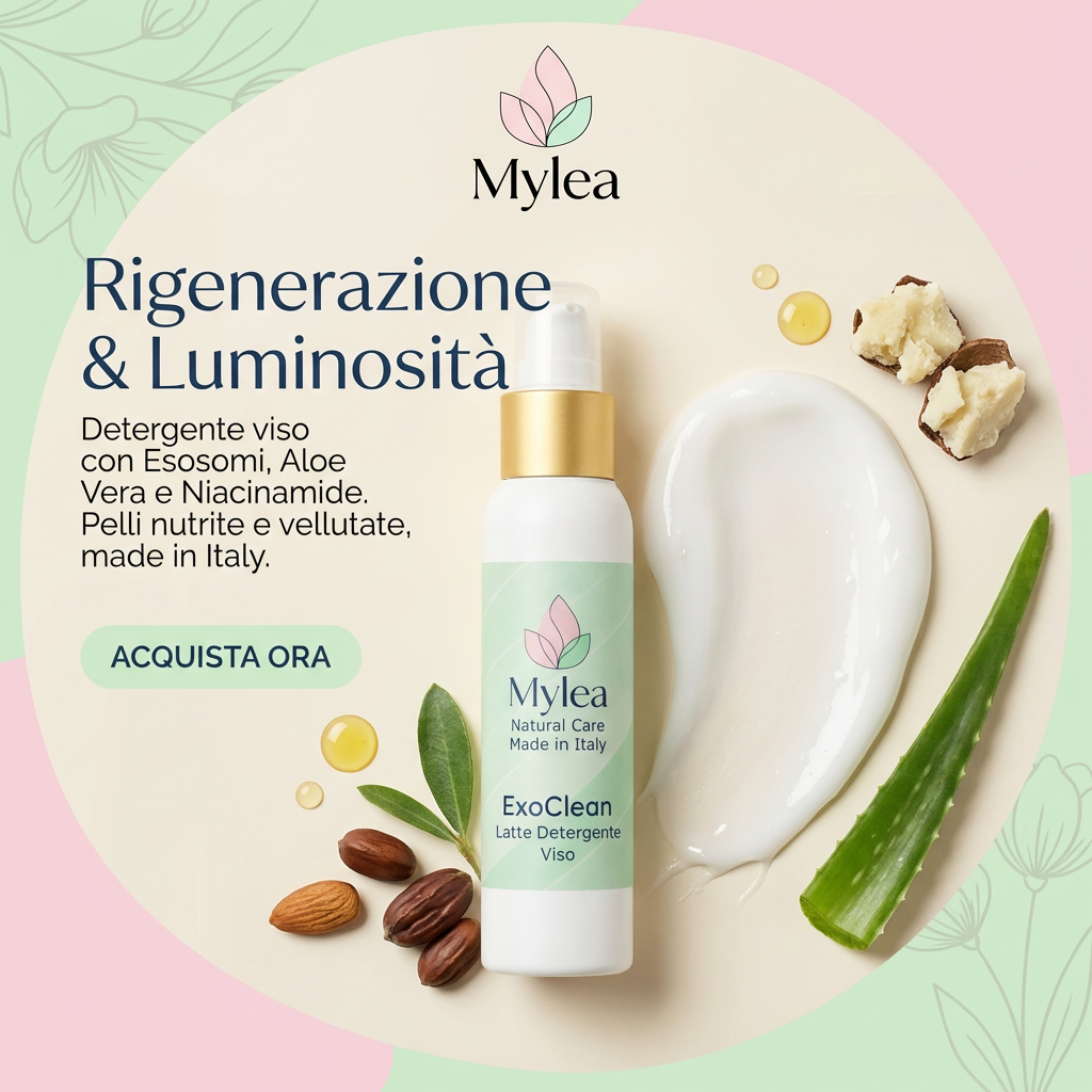 Latte detergente viso Mylea ExoClean con esosomi, aloe e burro di karité per una pelle luminosa e rigenerata.