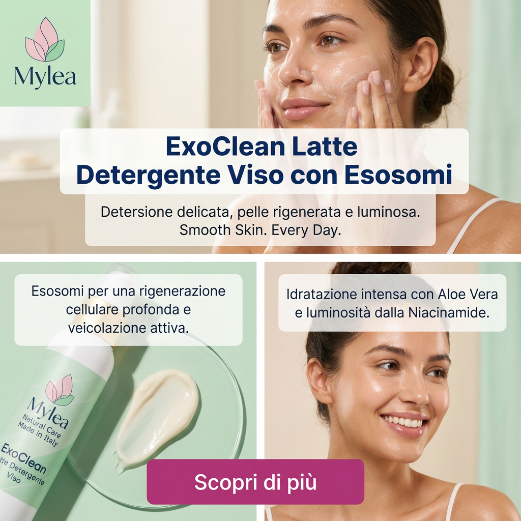 Mylea ExoClean latte detergente viso con esosomi, acidi esfolianti e aloe vera per una pelle luminosa e levigata.