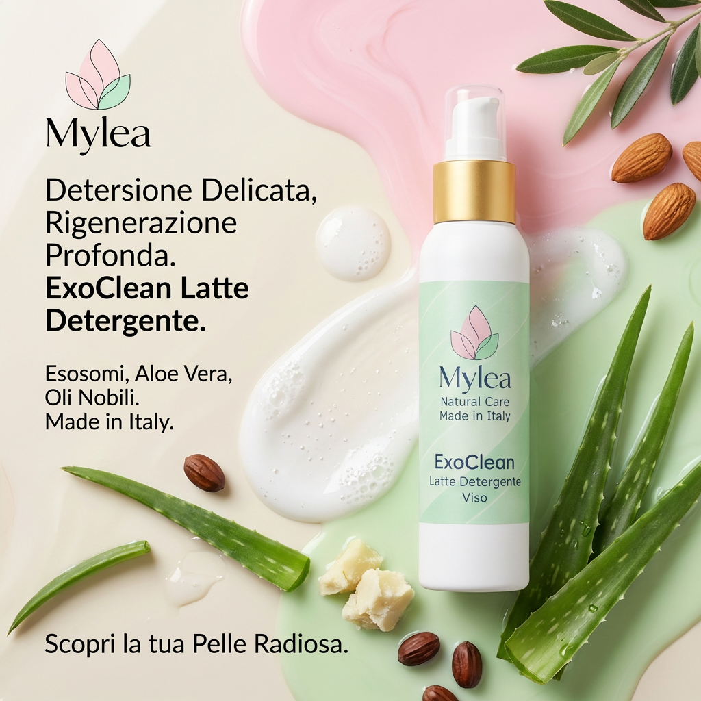 Latte detergente Mylea ExoClean con esosomi, aloe vera e oli naturali per una detersione viso delicata e rigenerante.
