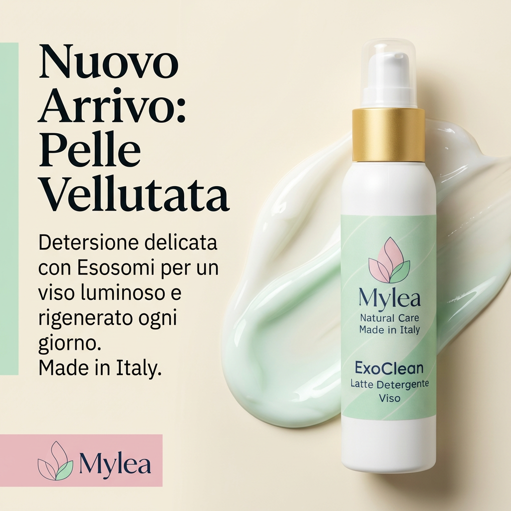 Latte detergente viso Mylea ExoClean con esosomi e texture cremosa su sfondo chiaro per una pelle luminosa e levigata
