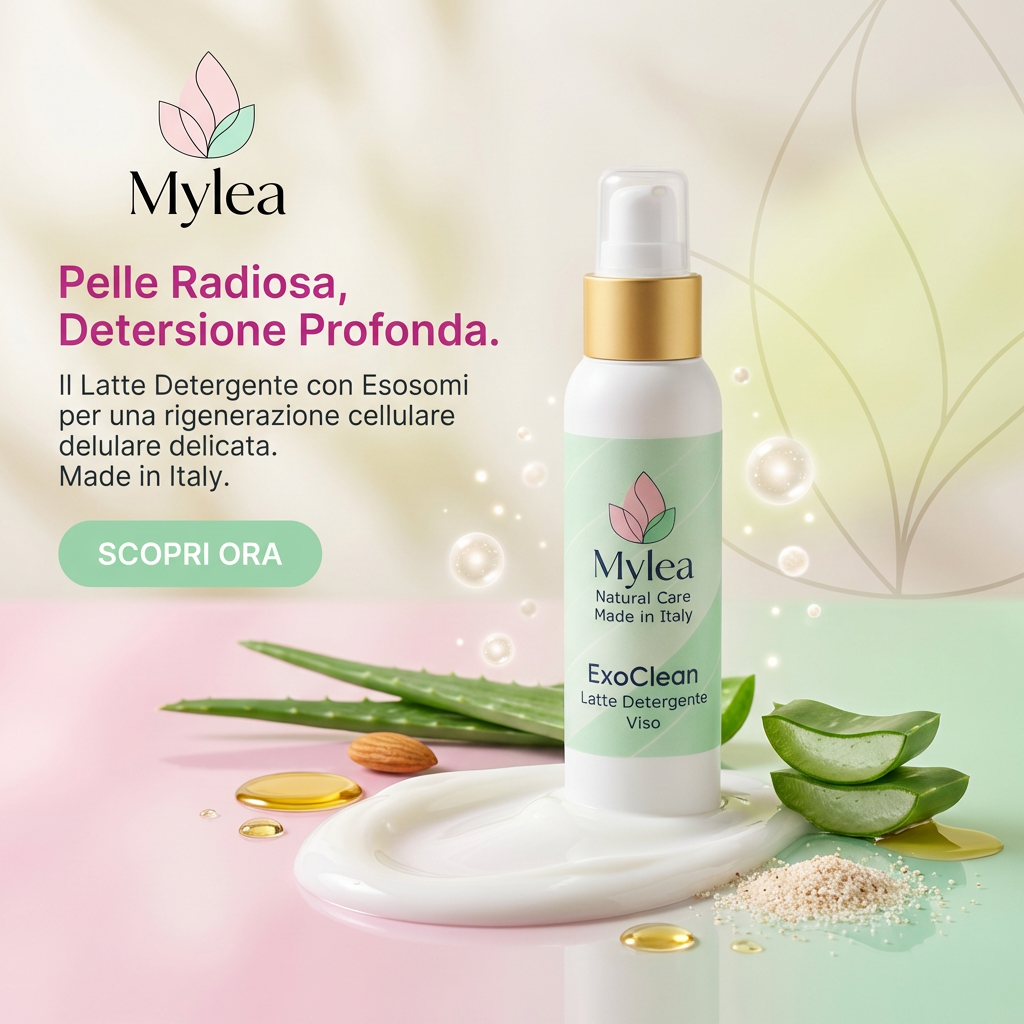 Latte detergente viso Mylea ExoClean con esosomi, aloe e oli naturali per una pelle luminosa e levigata.