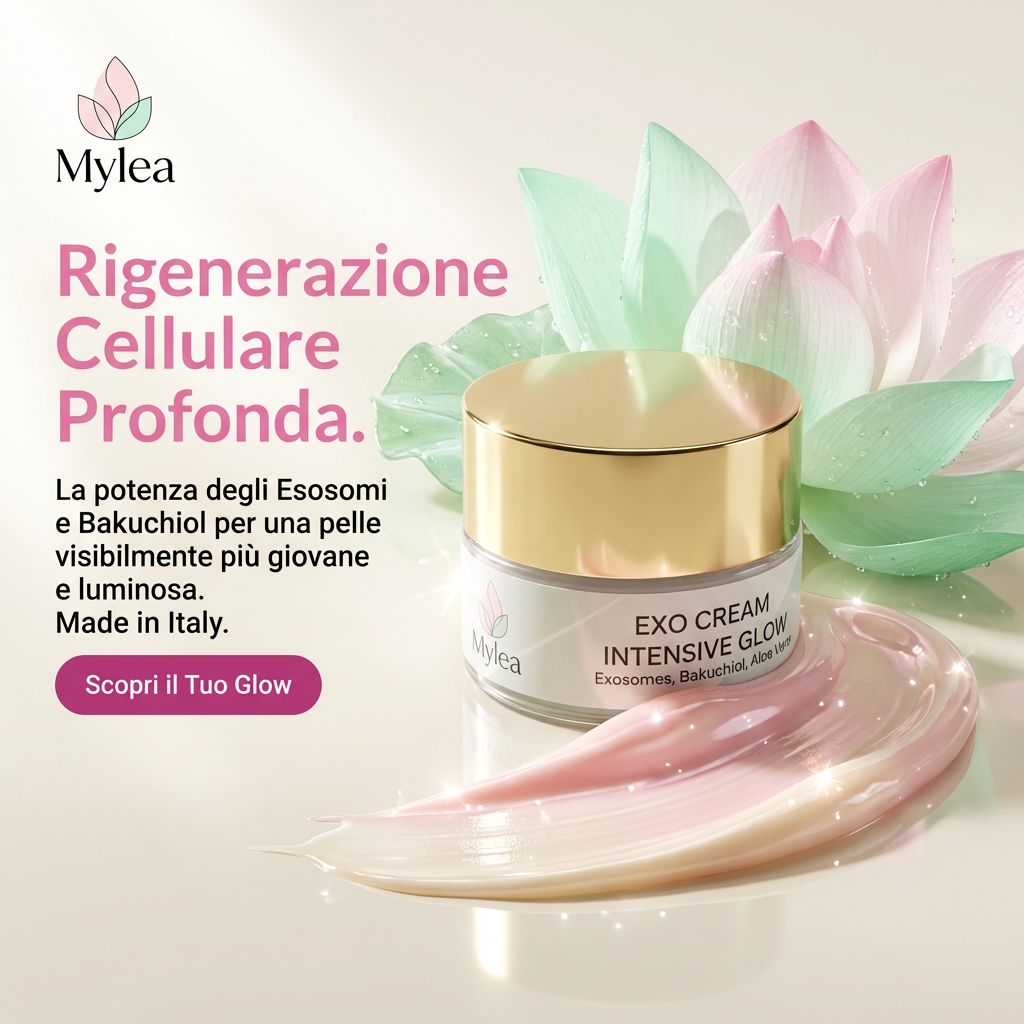 Crema viso antirughe Mylea ExoCream con esosomi e bakuchiol, in vasetto elegante con fiore di loto sullo sfondo.