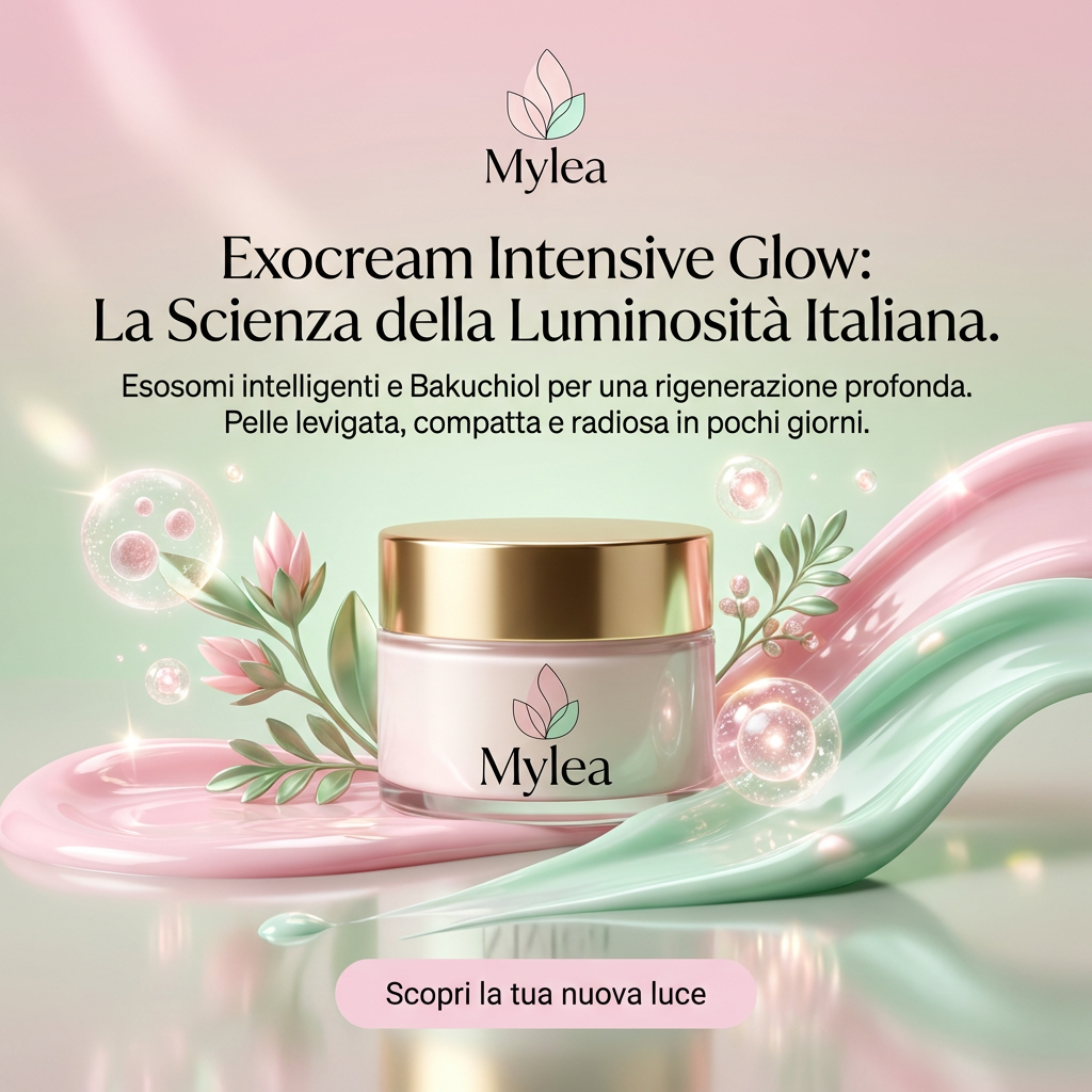 Crema viso antirughe Mylea ExoCream con esosomi e bakuchiol in vasetto elegante su sfondo rosa e verde pastello.