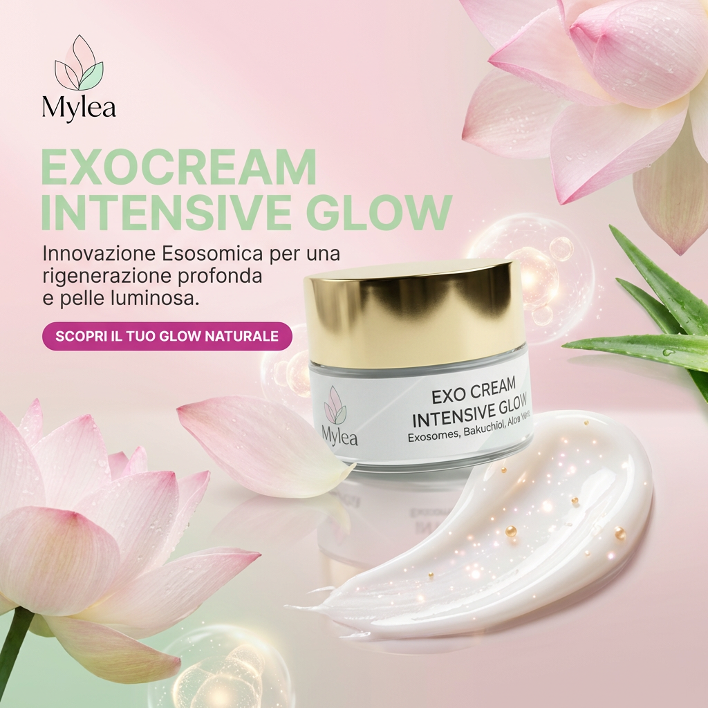 Crema viso antirughe Mylea ExoCream con esosomi e bakuchiol, in vasetto elegante su sfondo rosa con fiori di loto.