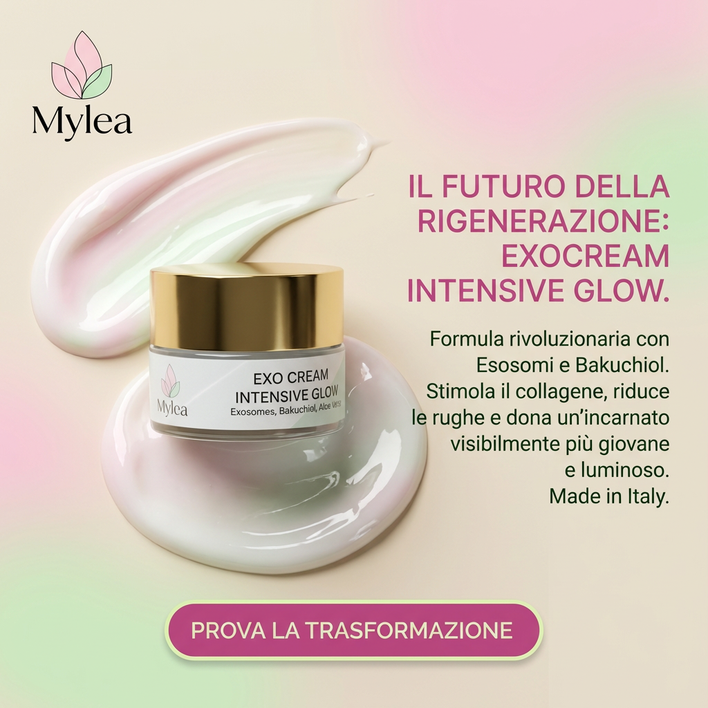 Crema viso antirughe Mylea ExoCream con esosomi e bakuchiol in vasetto elegante su sfondo con texture cremosa