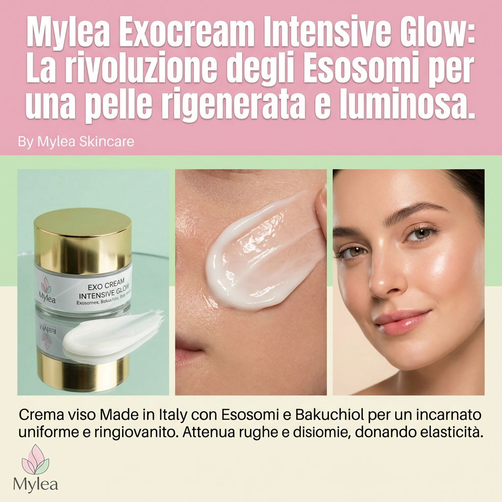 Crema viso Mylea ExoCream con esosomi e bakuchiol, texture ricca e modello con pelle luminosa e levigata