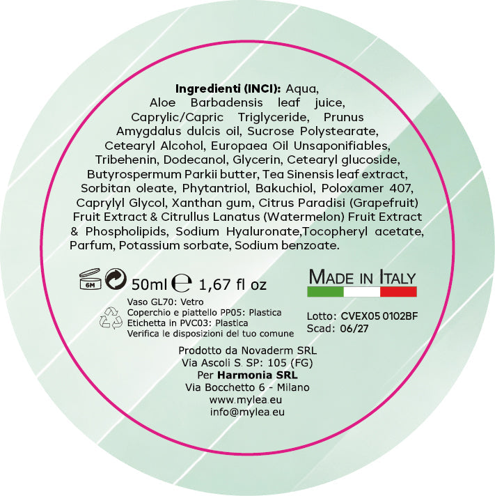 Etichetta posteriore del vasetto Mylea ExoCream con elenco ingredienti INCI, dettagli prodotto e Made in Italy