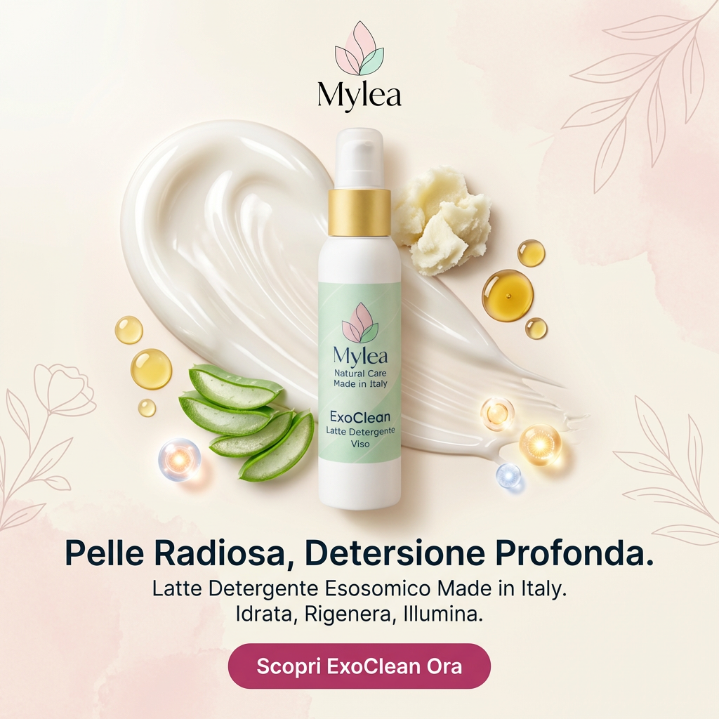 Latte detergente viso Mylea ExoClean con esosomi, aloe e oli nutrienti su sfondo floreale delicato.