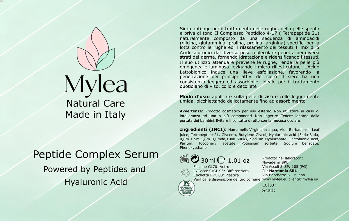 Retro del flacone Mylea Peptide Complex con informazioni su ingredienti, uso e dettagli del prodotto cosmetico.
