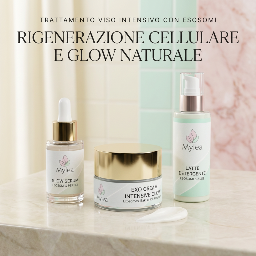Set di prodotti Mylea con ExoCream, Glow Serum e latte detergente su un piano in marmo per la cura del viso.