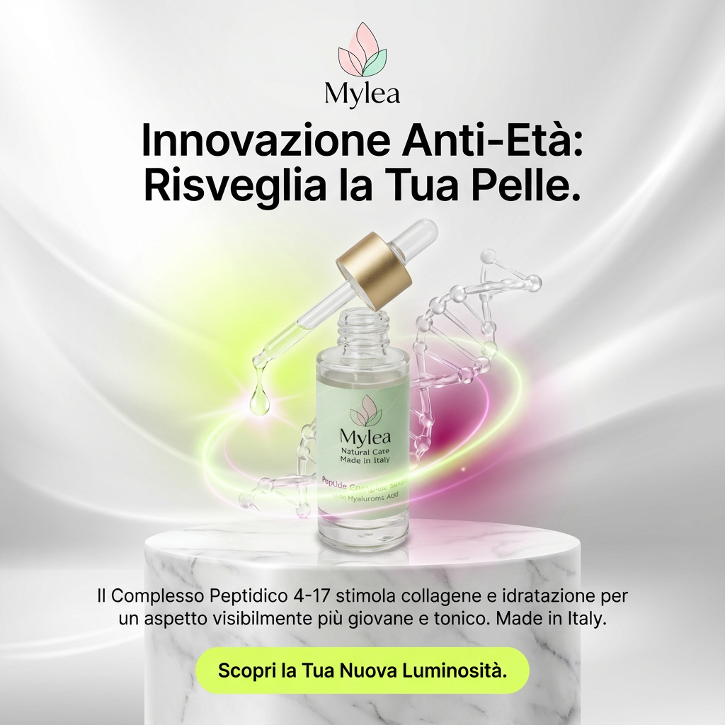 Siero viso antirughe Mylea Peptide Complex con contagocce su base di marmo, illuminato da un effetto grafico a DNA.