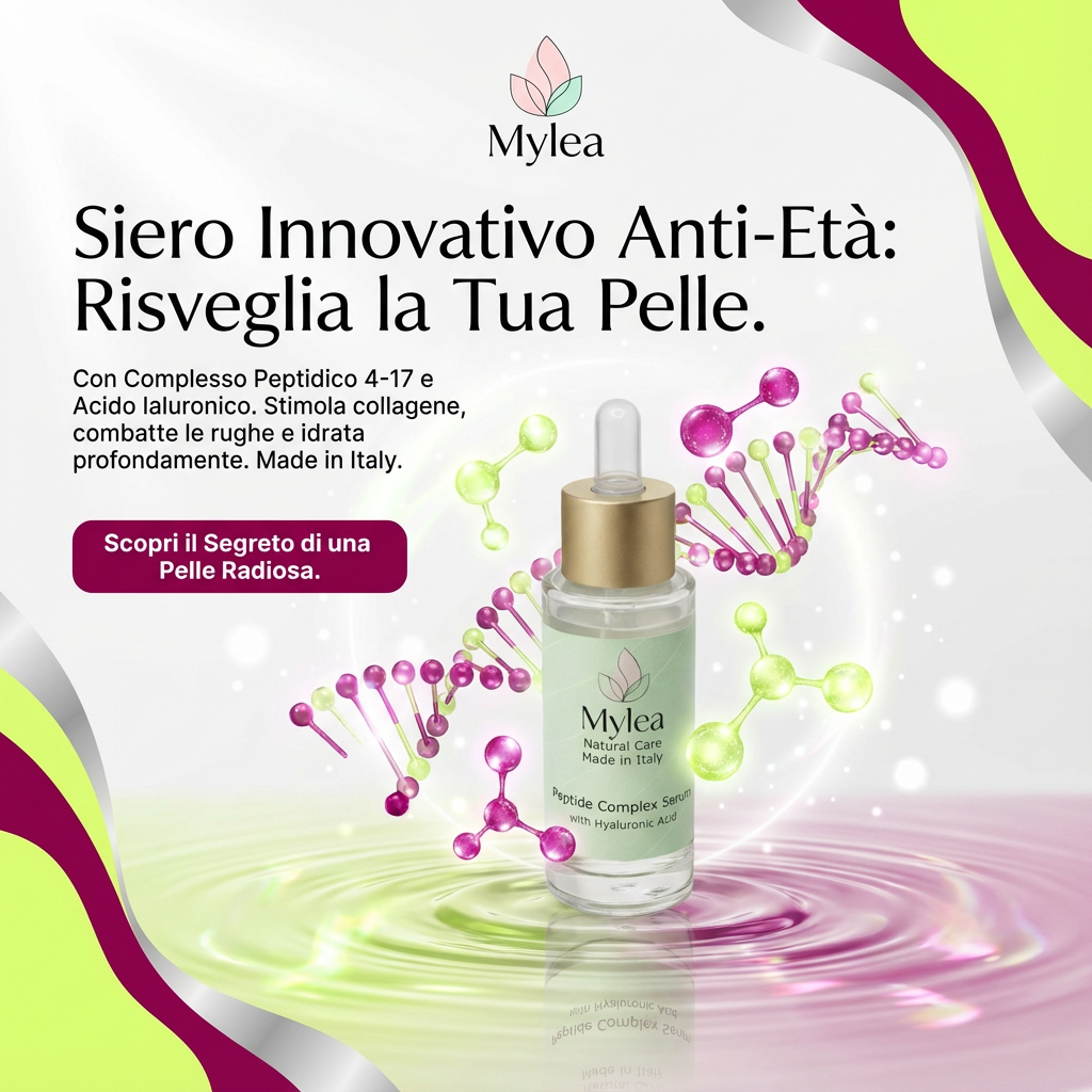 Siero viso antirughe Mylea con peptidi e 5 acidi ialuronici in flacone di vetro con contagocce su sfondo grafico.