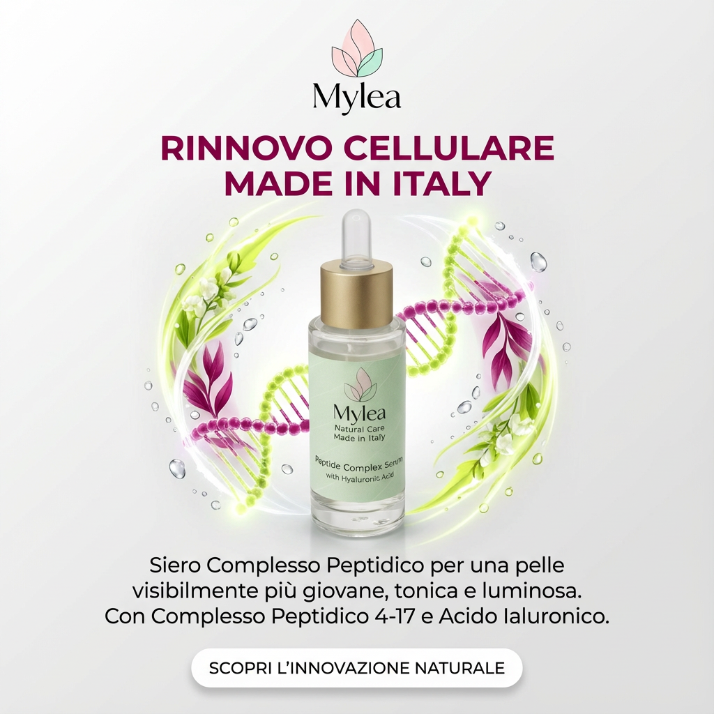 Siero viso antirughe Mylea Peptide Complex con acido ialuronico in flacone di vetro con contagocce dorato