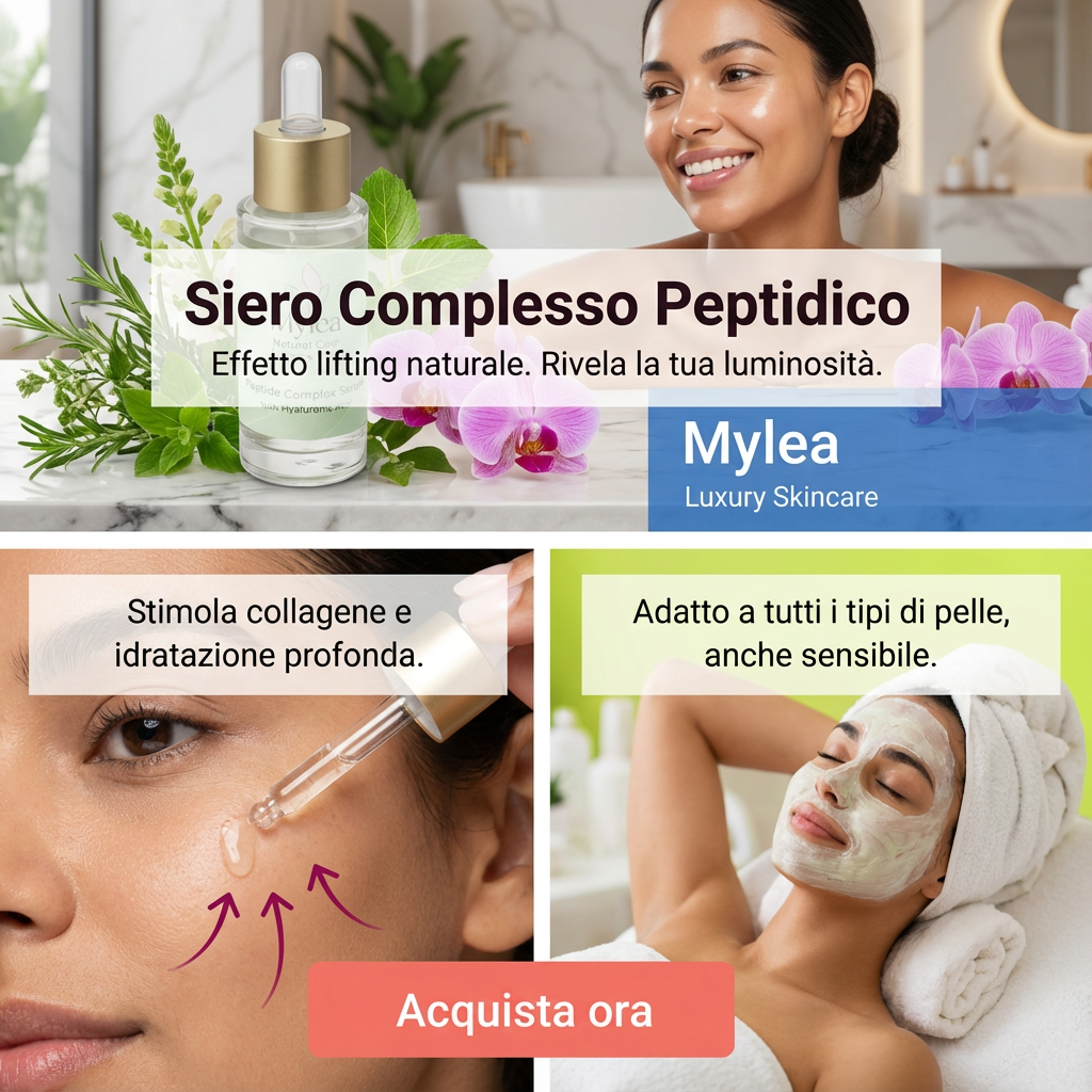 Siero viso antirughe Mylea con peptidi e acido ialuronico, applicato su pelle luminosa per un effetto lifting naturale.