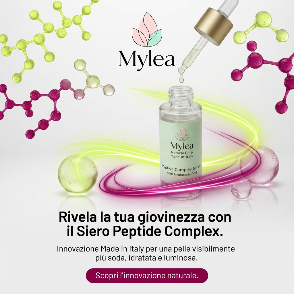 Siero viso Mylea Peptide Complex con contagocce, circondato da grafiche molecolari su sfondo chiaro per pelle luminosa.
