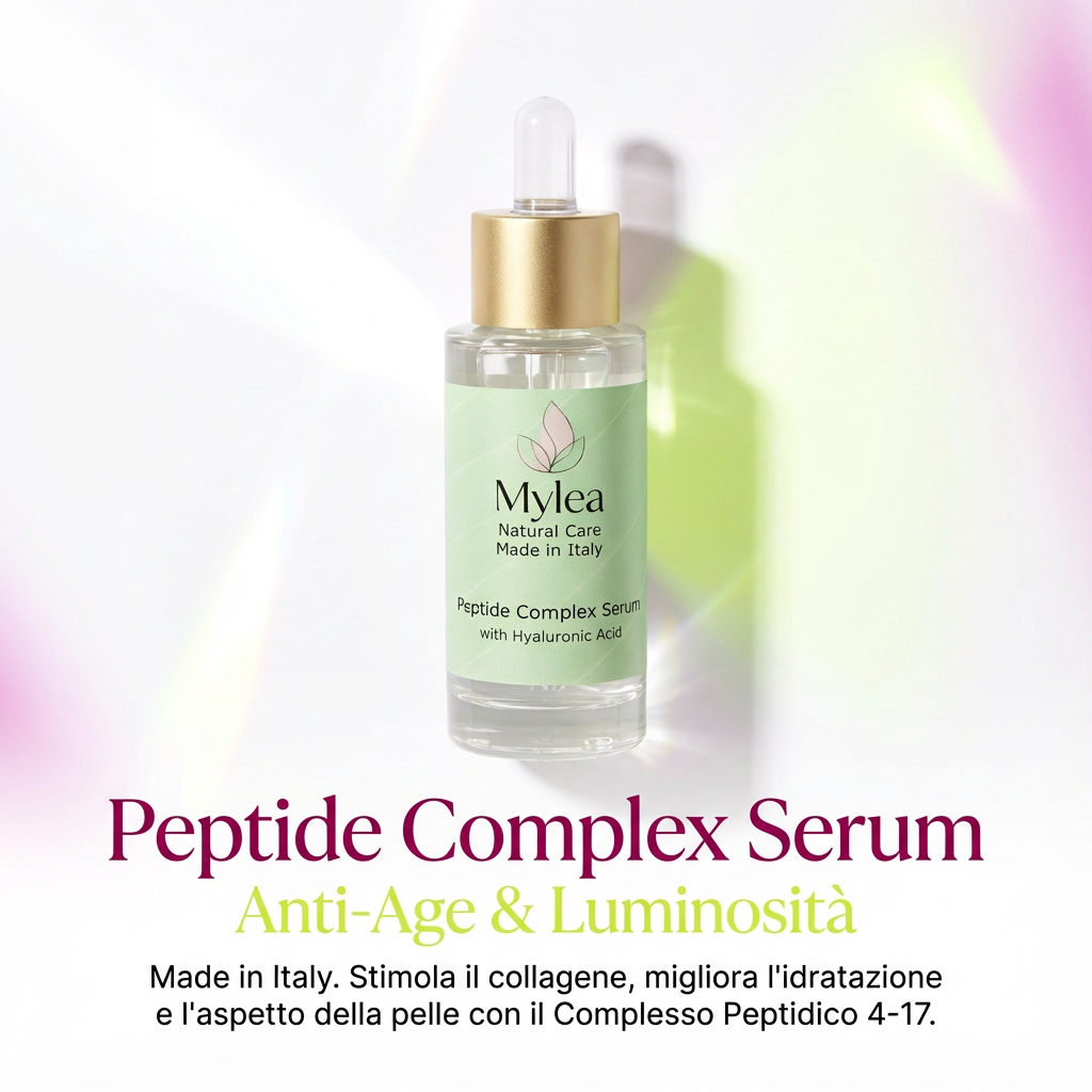 Siero viso antirughe Mylea Peptide Complex con acido ialuronico e peptidi in flacone di vetro con contagocce dorato.