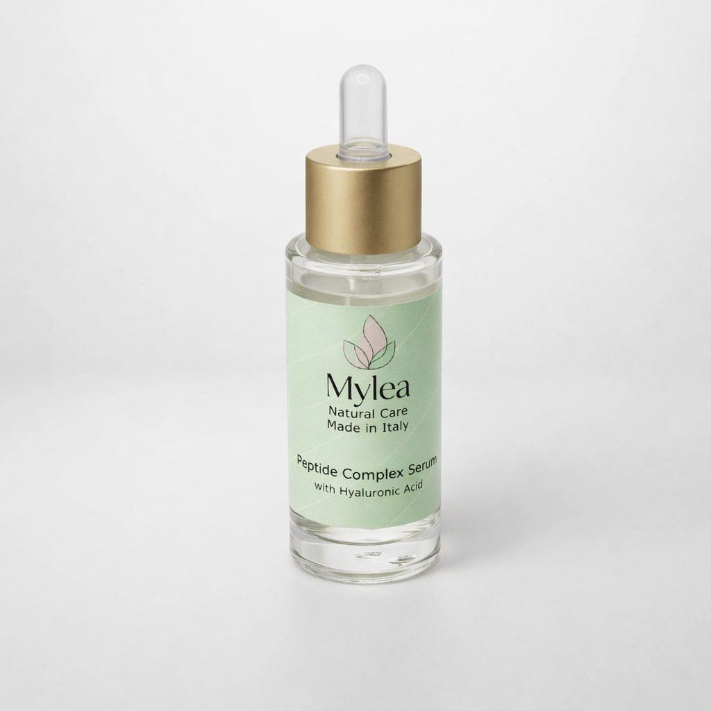 Siero viso antirughe Mylea Peptide Complex con acido ialuronico in flacone di vetro con contagocce dorato