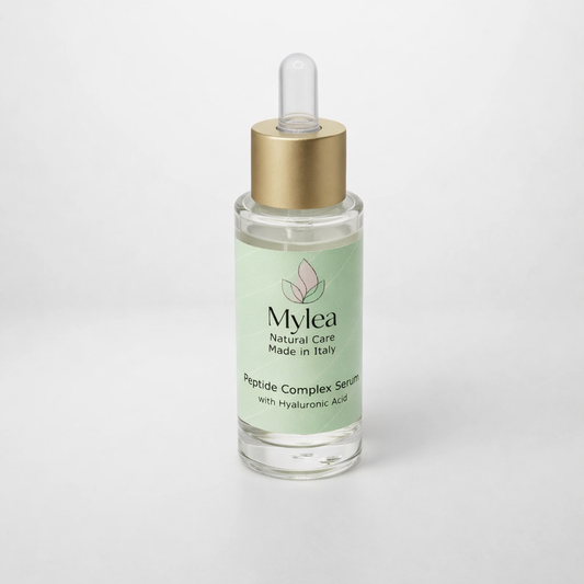 Siero viso antirughe Mylea Peptide Complex con acido ialuronico in flacone di vetro con contagocce dorato