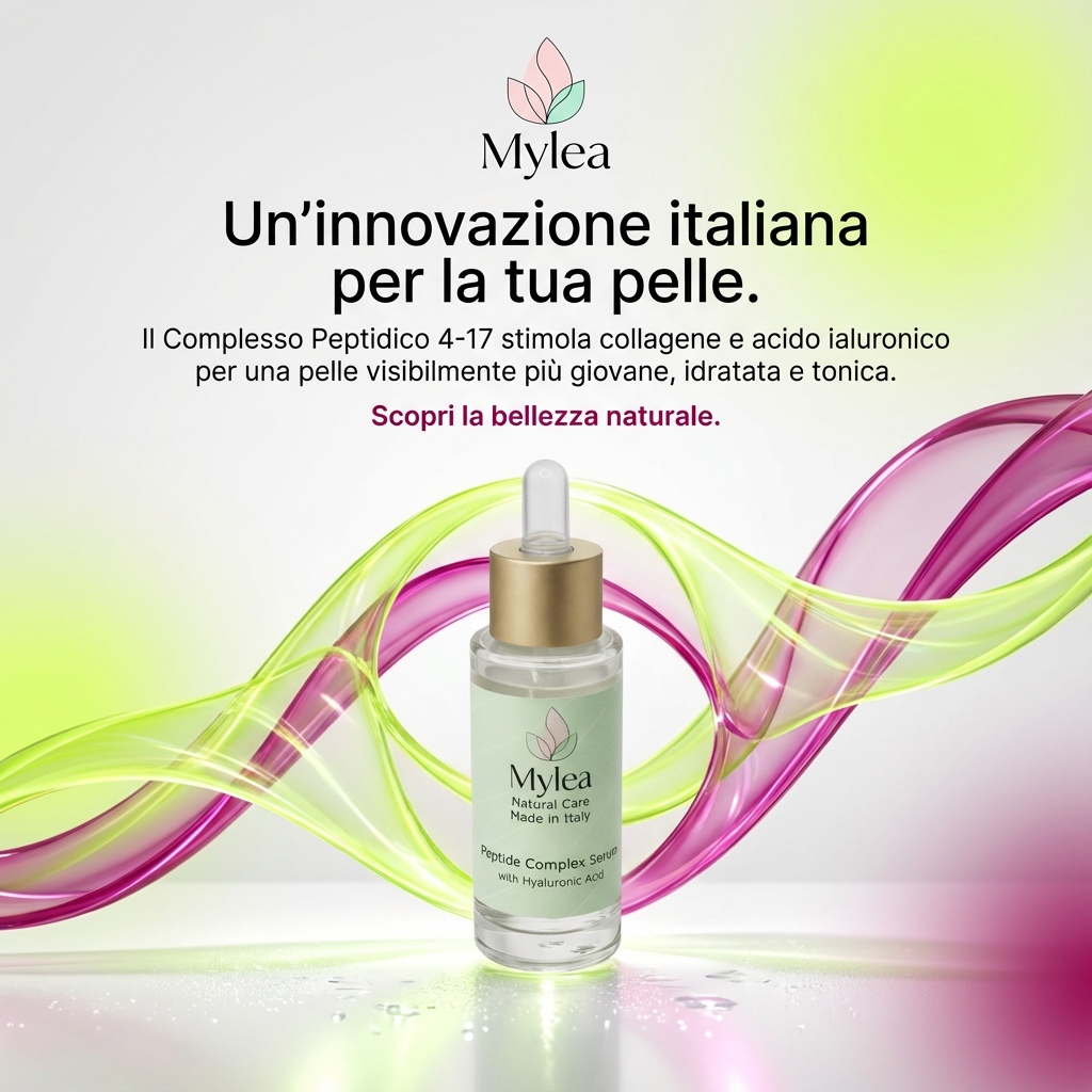 Siero viso antirughe Mylea con peptidi e acido ialuronico in flacone di vetro con contagocce su sfondo astratto