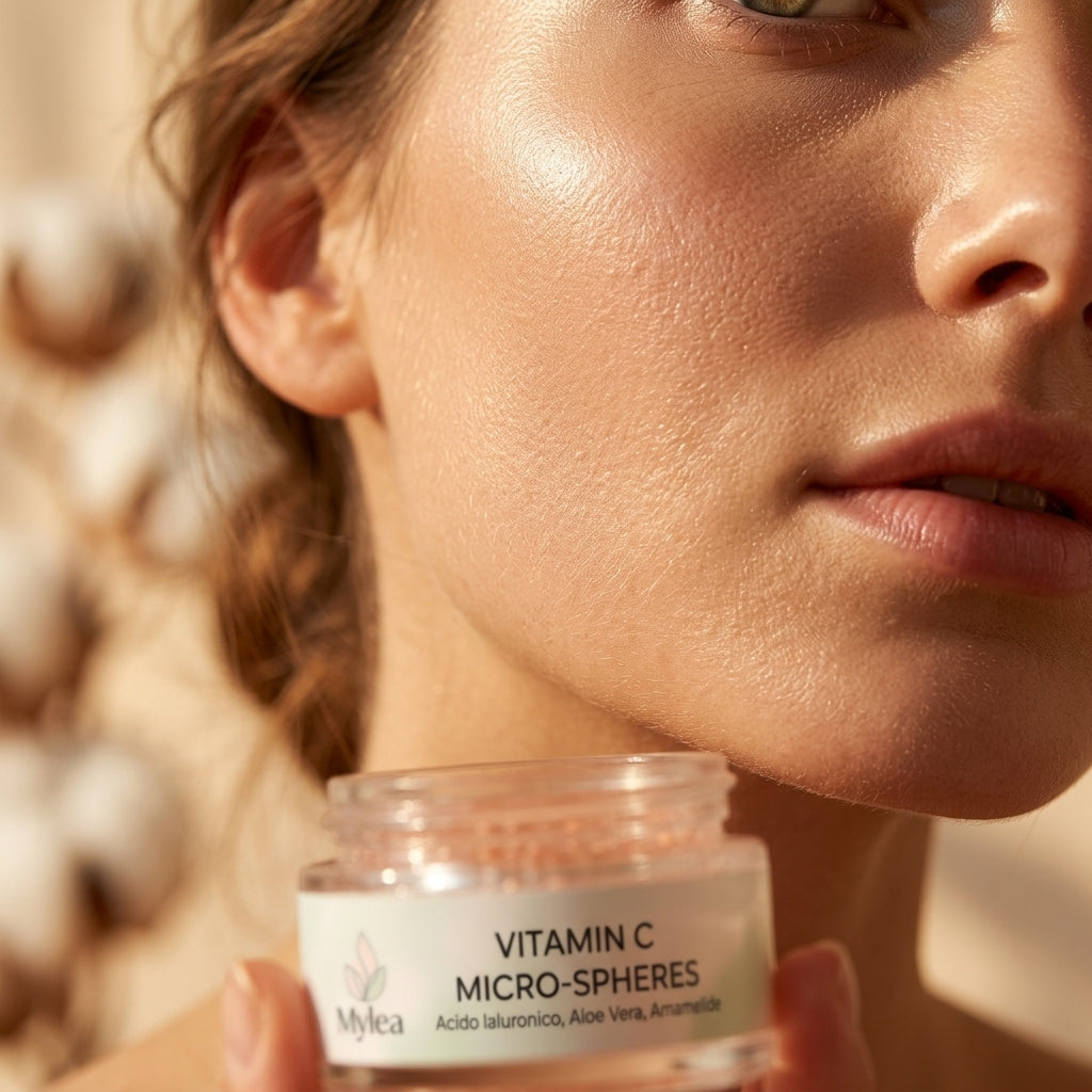 Modella con pelle luminosa e idratata che tiene in mano il siero viso Mylea Vitamin C Micro-Spheres in vasetto