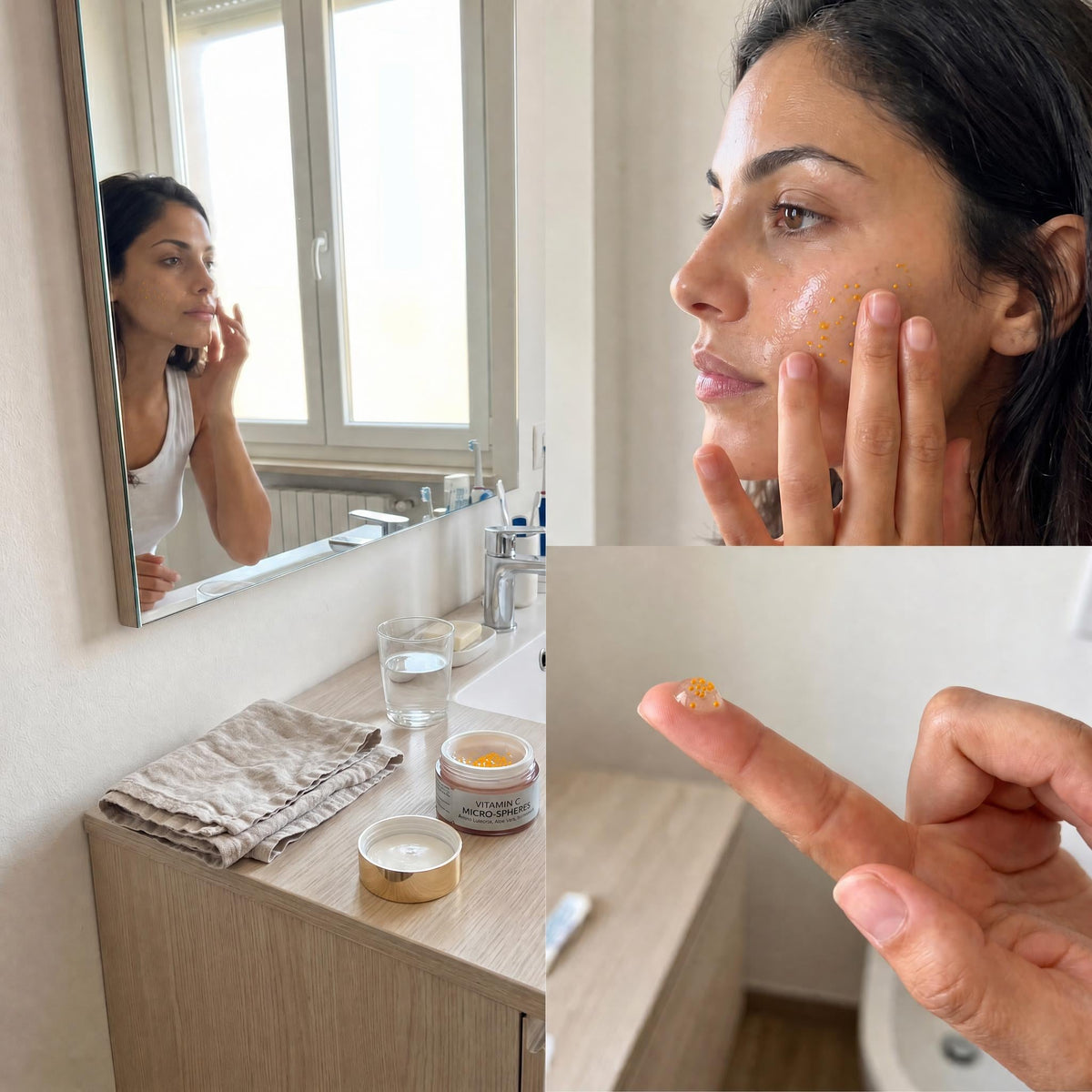 Donna applica il siero Mylea Vitamin C Micro-Spheres sul viso, mostrando la texture in gel con sfere attive