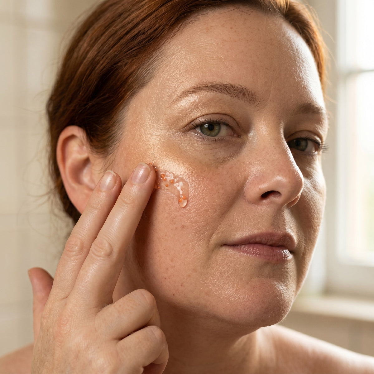 Donna applica il siero viso Mylea Vitamin C Micro-Spheres con sfere attive sulla guancia per una pelle luminosa